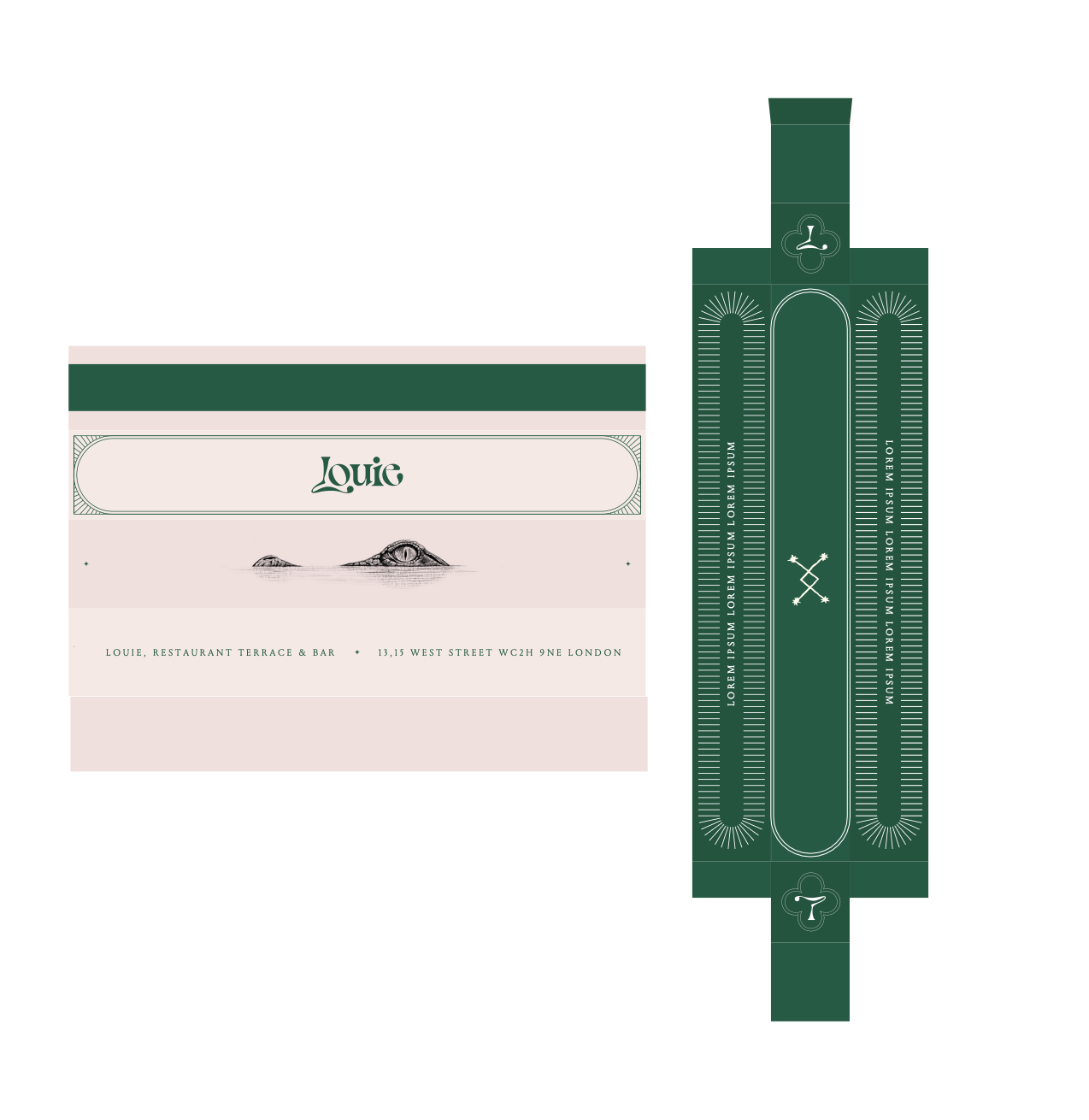 Louie packaging — crocodile-eye band and green chopstick sleeve